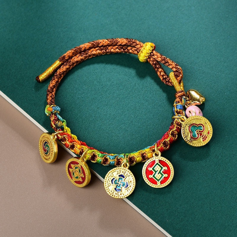 Tibetan Handmade Rope Tangka Handwoven Colorful Rope Five Gods Of Wealth Bracelet