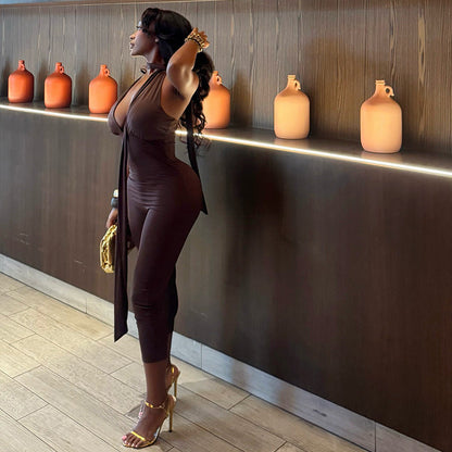 Trendy Casual Sleeveless Jumpsuit With V-Neck And Tie Detail