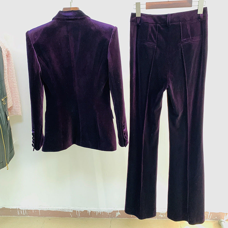 Elegant Velvet Blazer And Flare Pants Set