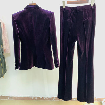 Elegant Velvet Blazer And Flare Pants Set