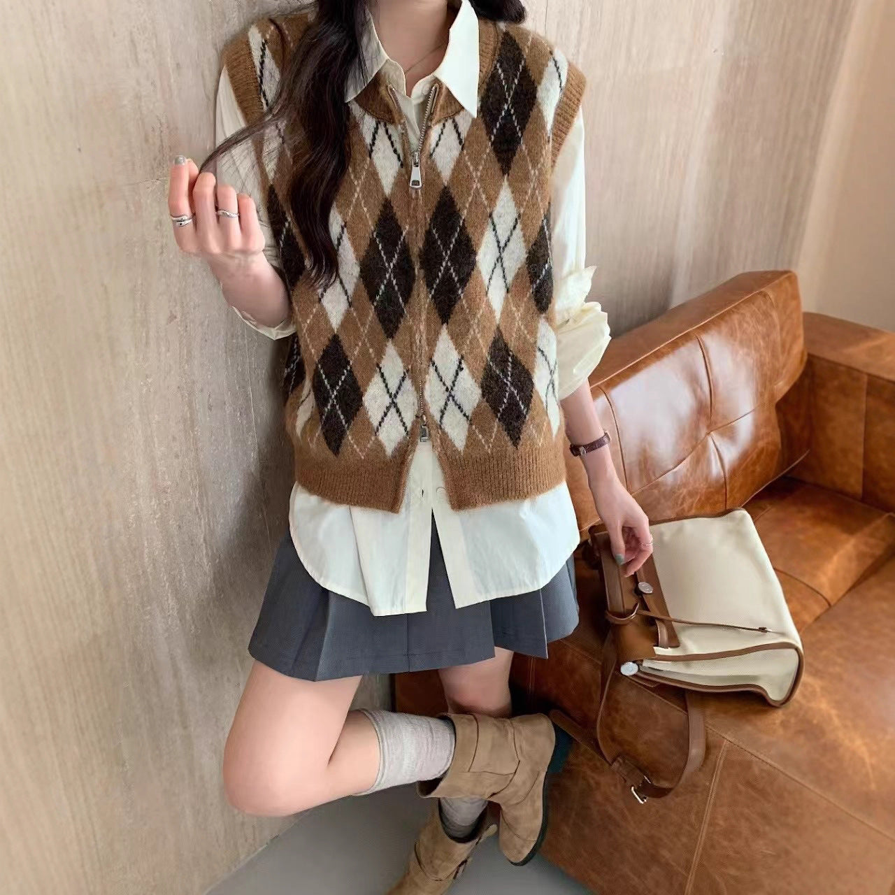 Diamond Knit Vest Cardigan Lightweight Polyester