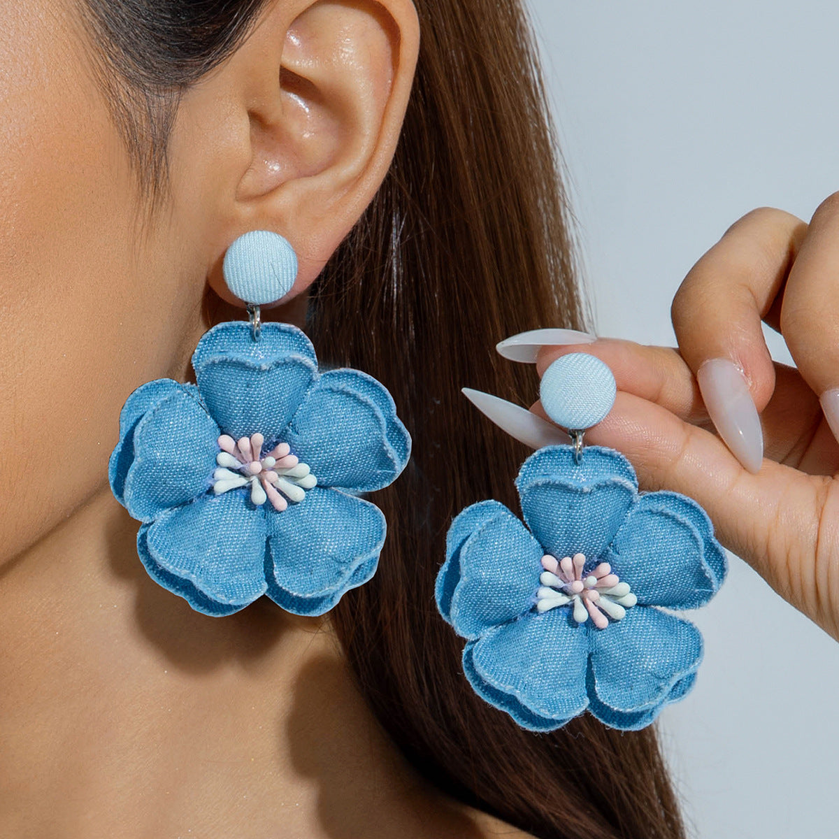 Trendy Floral Denim Tassel Earrings