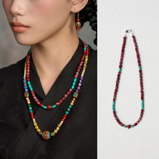Tibetan Colored Turquoise Bodhi Bead Necklace, Lhasa Ethnic Style Jewelry, Original Design Tibetan Clothing Accessories Women