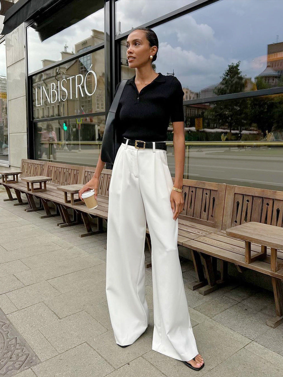 White Wide-Leg Trousers High-Waisted Chic Casual Pants