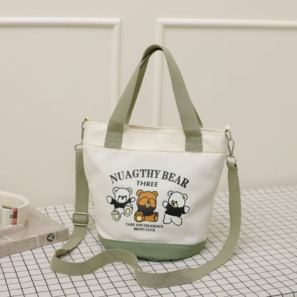 Cute Bear Canvas Tote Bag Portable Lunch Bag for Daily Use