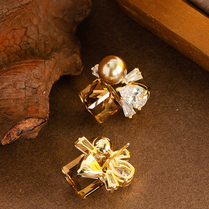 Elegant French Style Colorful Geometric Zircon Pearl Stud Earrings For Women