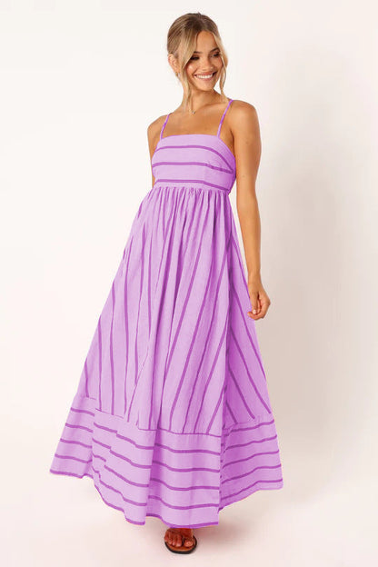 Striped Color Block Backless Spaghetti Dress