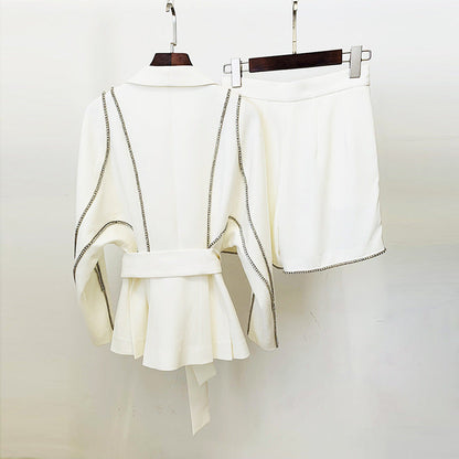 Batwing Sleeve Belted Blazer Shorts Set Elegant Style