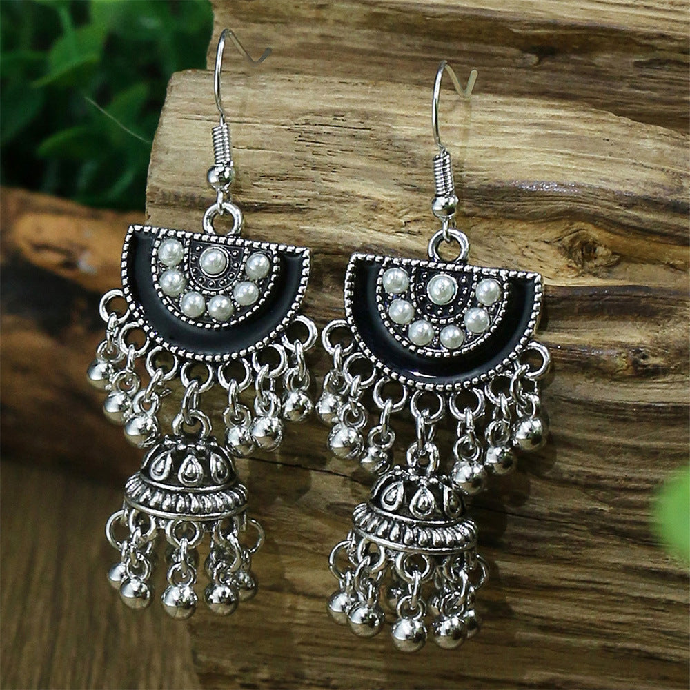 Vintage Tribal Silver Earrings with Beads and Tassels
