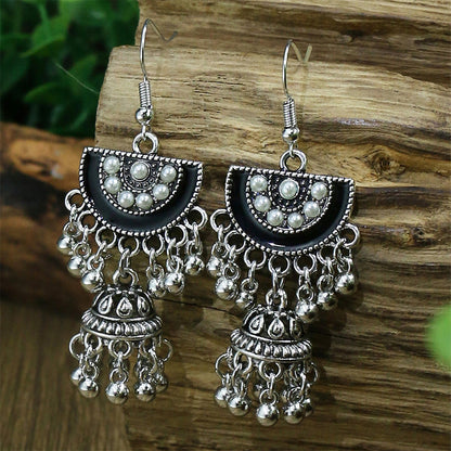 Vintage Tribal Silver Earrings with Beads and Tassels