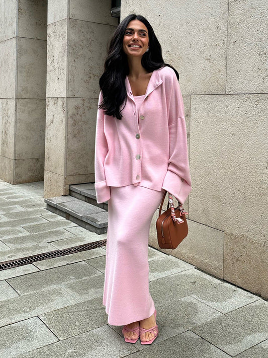 Knitted Long Sleeve Cardigan Set With Camisole And Skirt