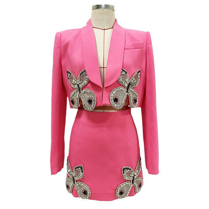 Beaded Butterfly Short Suit Skirt Set