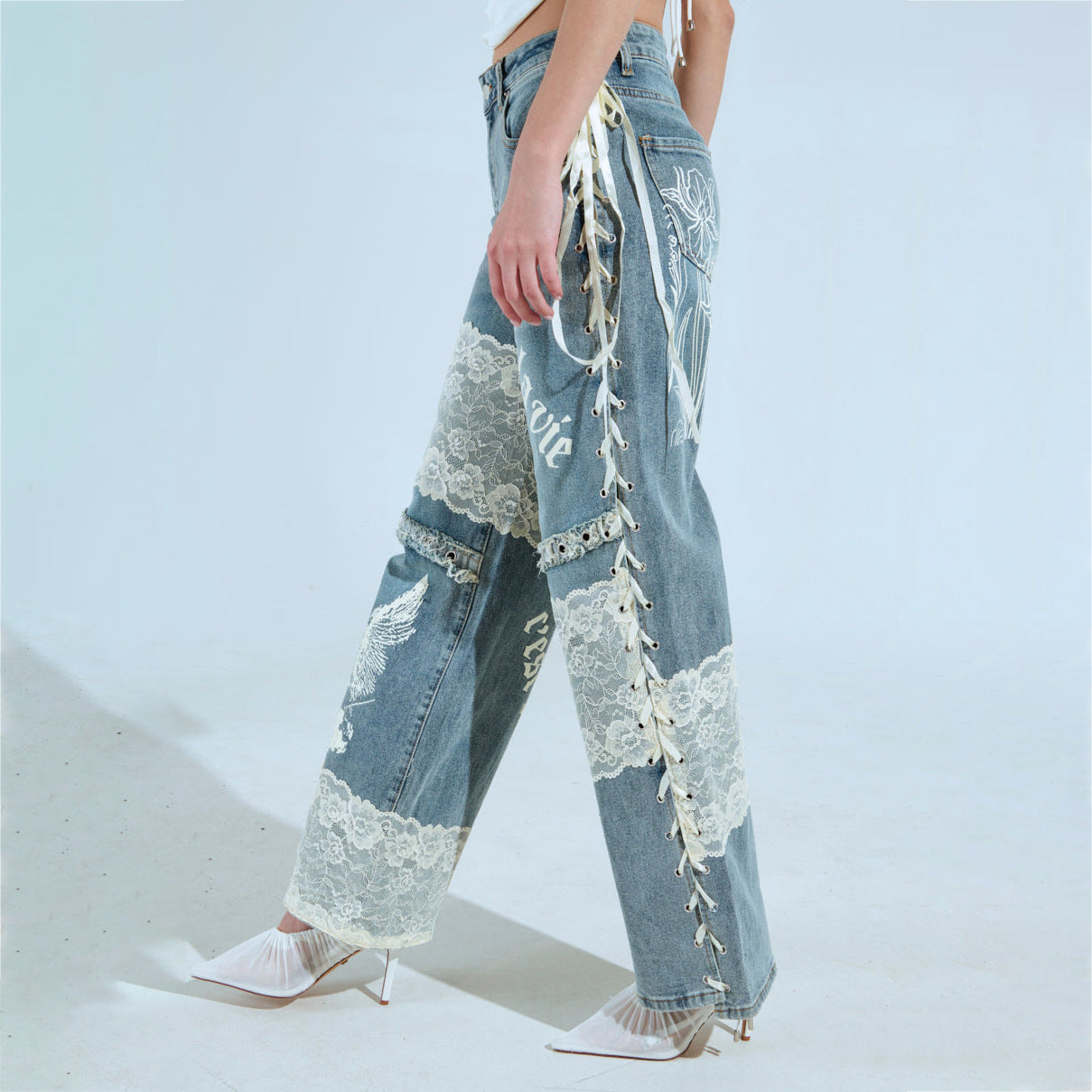 Lace Splicing Low Rise Straight Leg Jeans