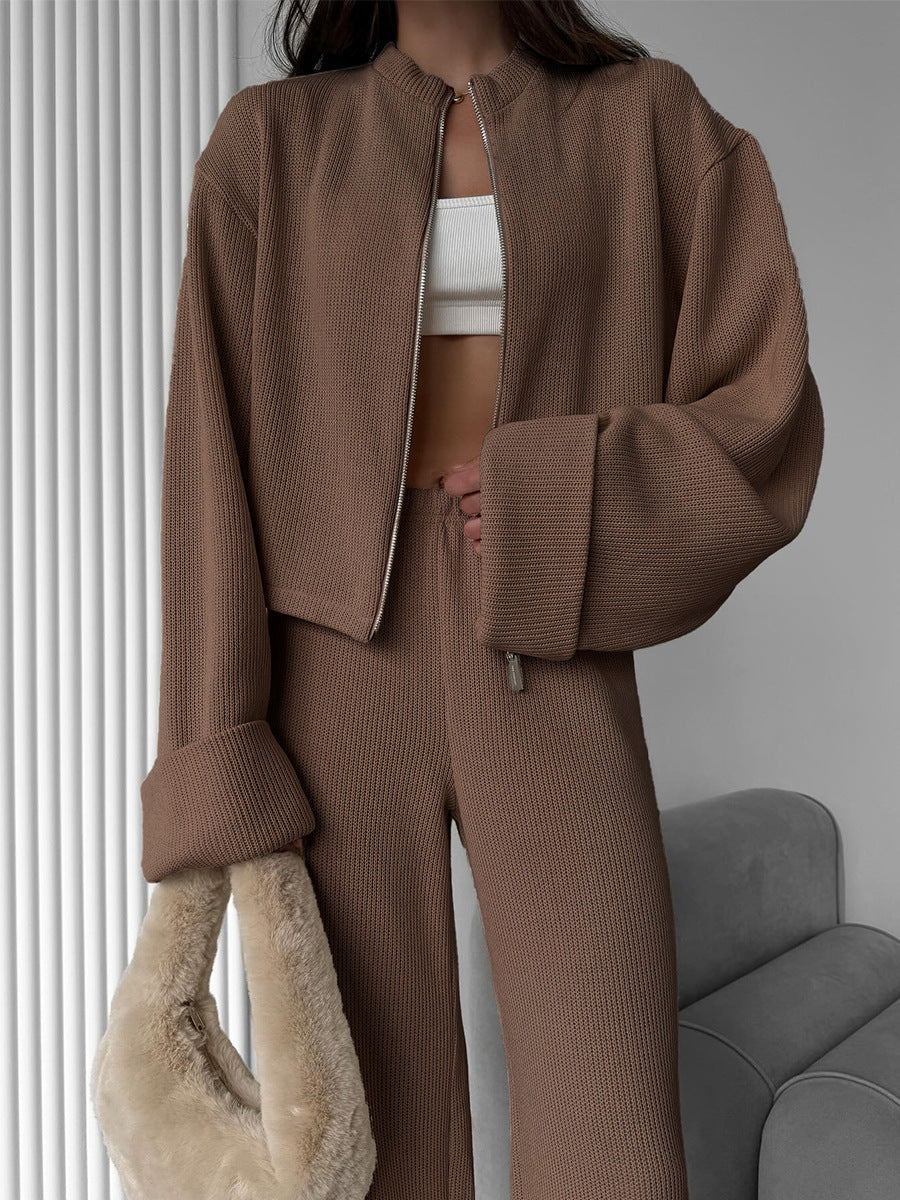Casual Knitted Long Sleeve Top And Wide Leg Pants Set