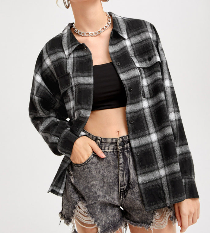 Vintage Plaid Lapel Collar Button Down Shirt
