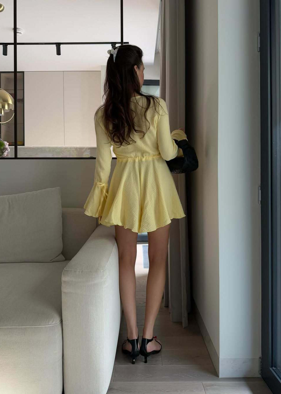 Flared Sleeve Button Romper In Lightweight Yellow Fabric