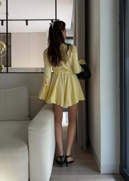 Flared Sleeve Button Romper In Lightweight Yellow Fabric