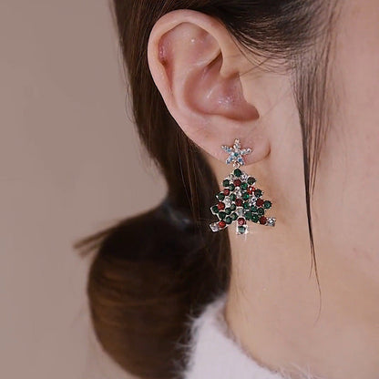 Colorful Rhinestone Christmas Tree Tassel Dangle Earrings