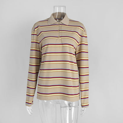 Striped Polo T-Shirt for Women Casual Loose Fit Cotton
