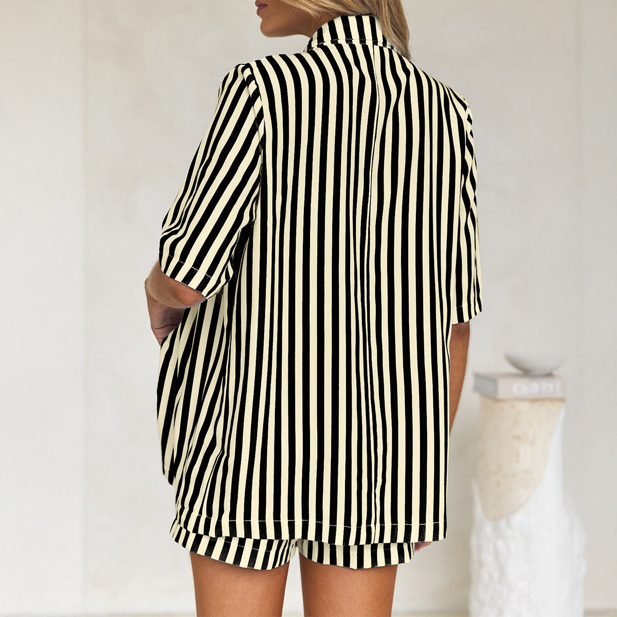 Striped Button-Up Shirt and Shorts Set for Women