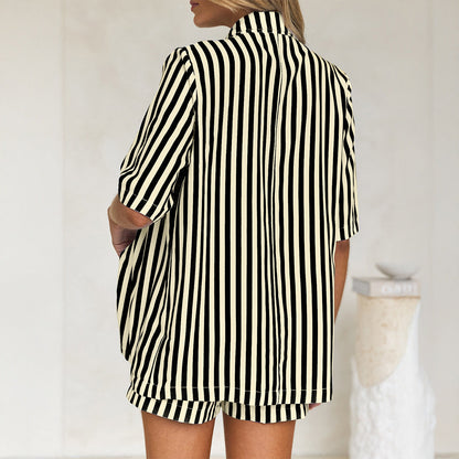 Striped Button-Up Shirt and Shorts Set for Women