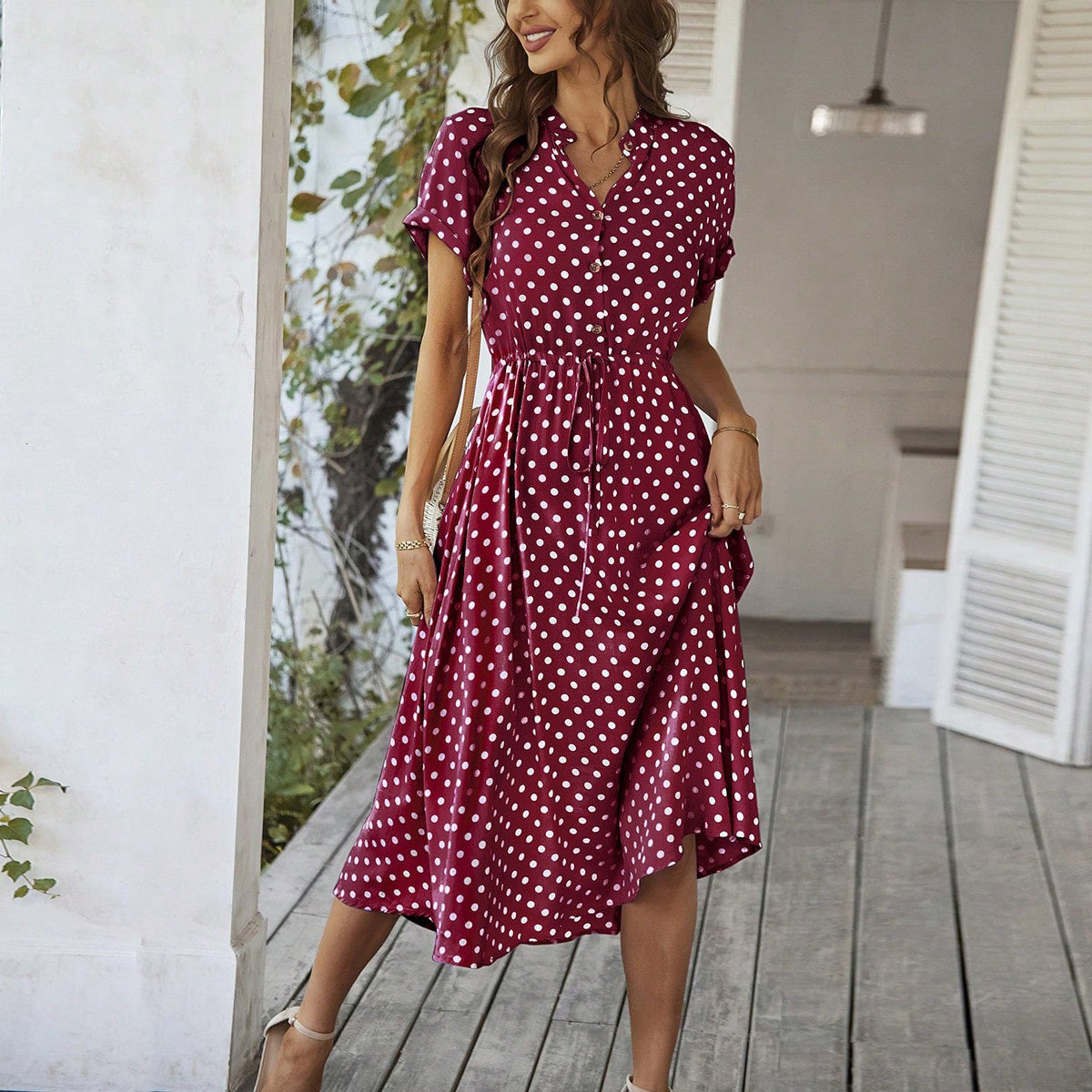 Polka Dot High-Waisted Tie Dress Casual Vacation Look
