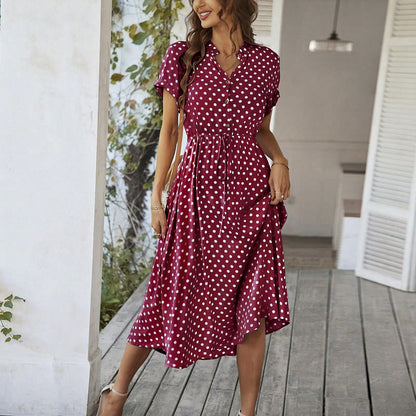 Polka Dot High-Waisted Tie Dress Casual Vacation Look