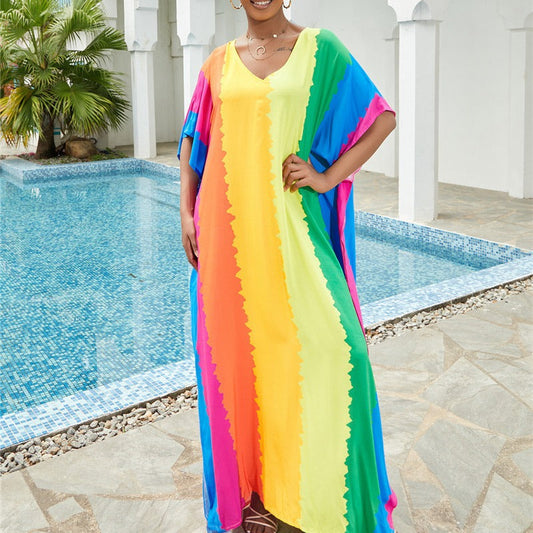 New Cotton Positioning Printed Beach Blouse, Robe-Style Holiday Sunscreen Shirt, Bikini Outer Blouse