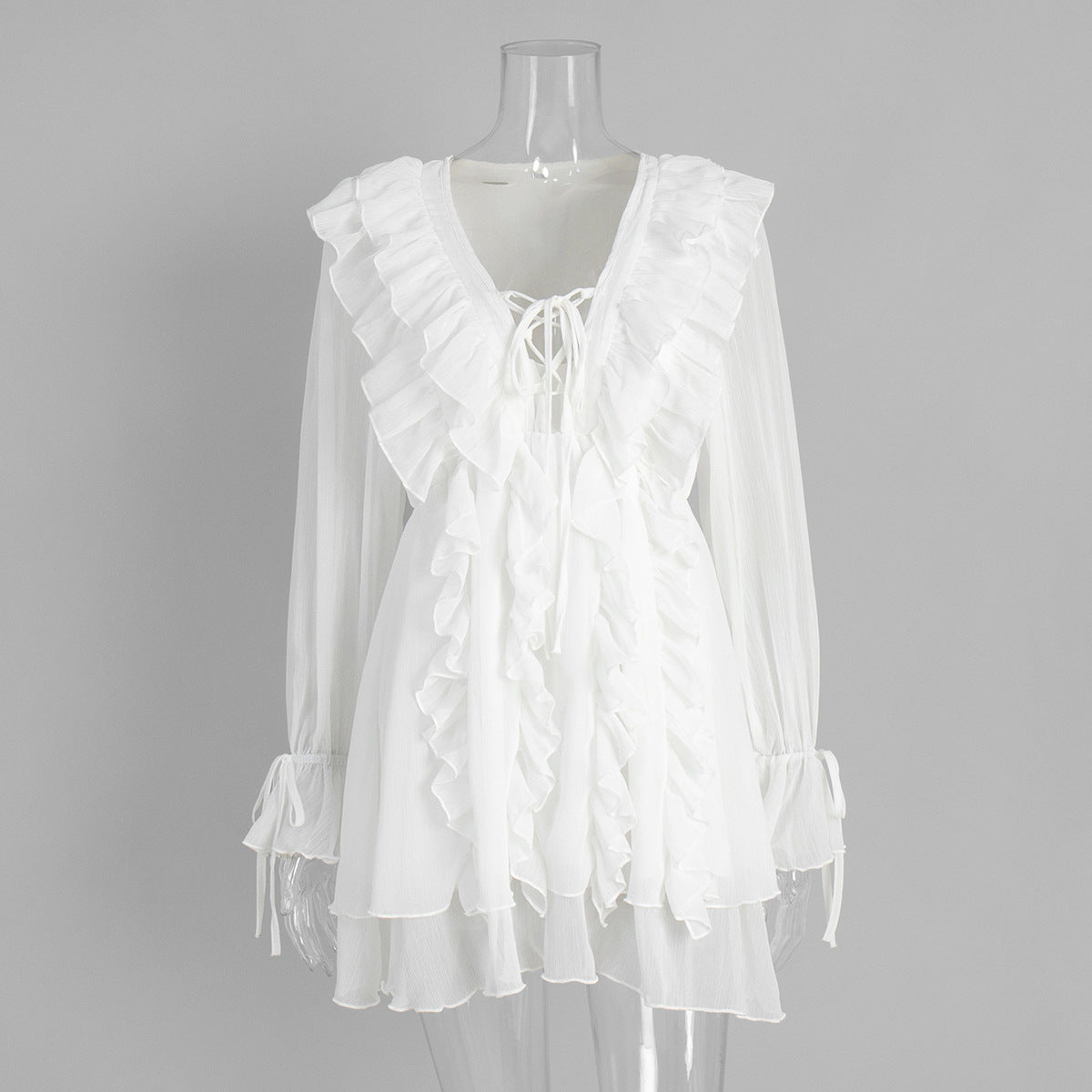 Chiffon Long Sleeve Dress With Ruffle Hem