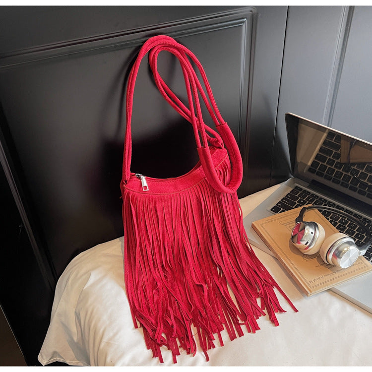 Vintage Suede Fringe Crossbody Bag Stylish PU Leather Shoulder Bag