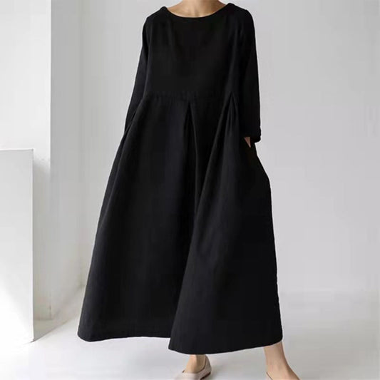 Loose Plus-Size Dress Fat Japanese Cotton And Linen Round Neck Pullover Solid Color Long Skirt Big Swing Dress