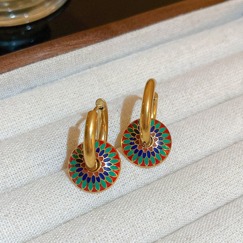 Titanium Steel Pattern Circle Earrings Women'S High-End Sense Ethnic Style Earrings Accessories