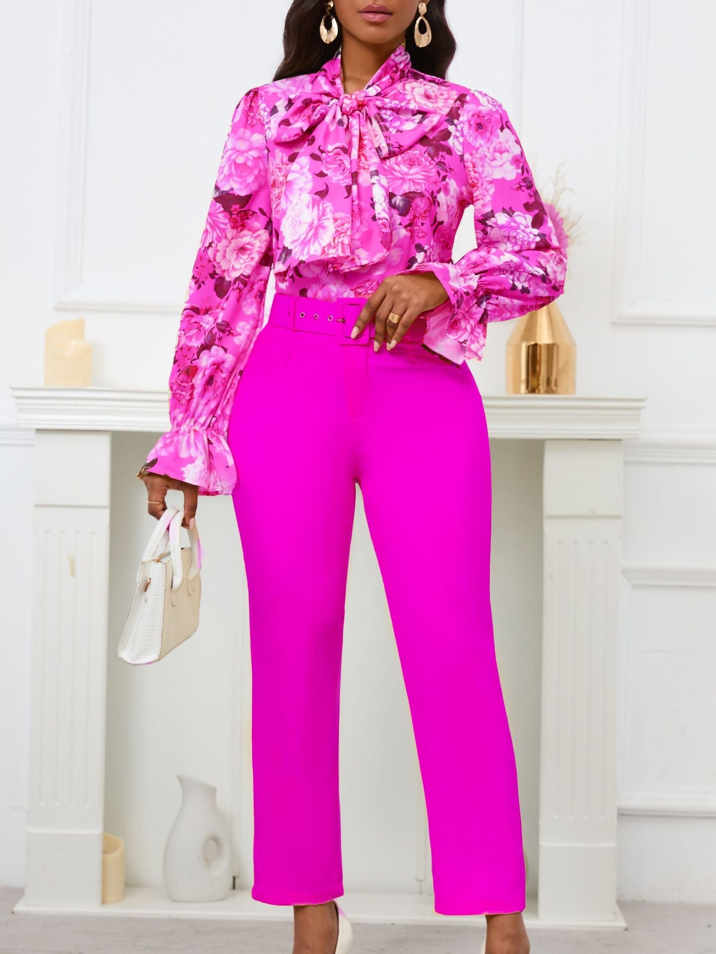 Fashion Floral Long Sleeve Top And High Waist Pants Set