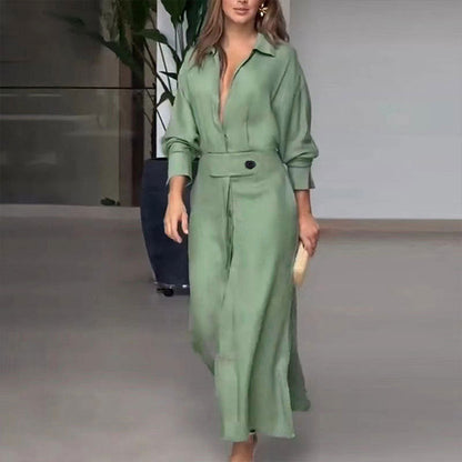 Women's Elegant V-Neck Maxi Dress with Belted Waist