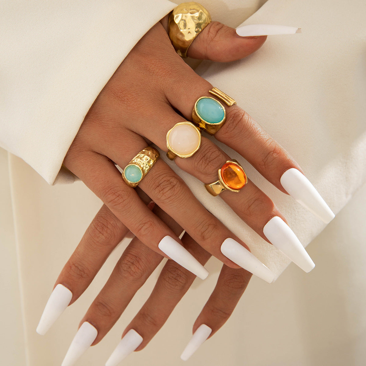 Retro Geometric Adjustable Ring Set With Gemstone Inlays