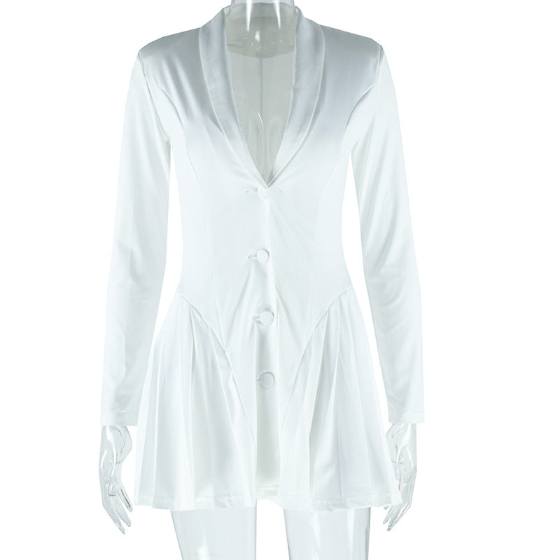 Button-Up Pleated Dress V-Neck Long Sleeve Casual Dress