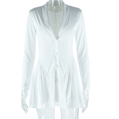 Button-Up Pleated Dress V-Neck Long Sleeve Casual Dress