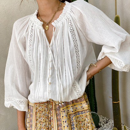 Long Sleeve Shirt Women'S French White Loose Blouse