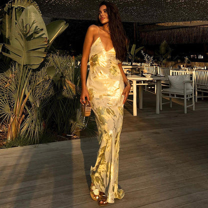 Gold Backless Slip Dress Elegant Style