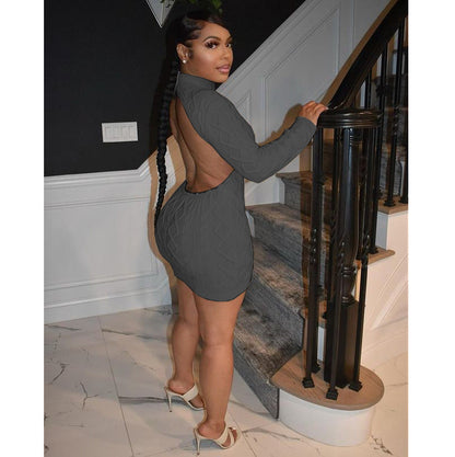 Backless Long Sleeve Knit Dress Trendy Casual Gray Color