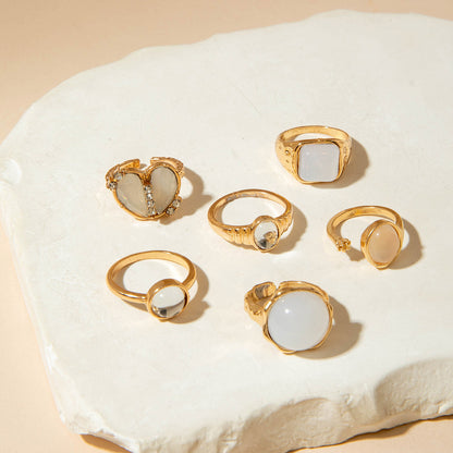 Retro Geometric Adjustable Ring Set With Gemstone Inlays
