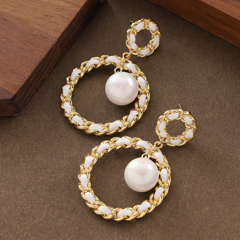 Elegant French Style Woven Leather Pearl Earrings