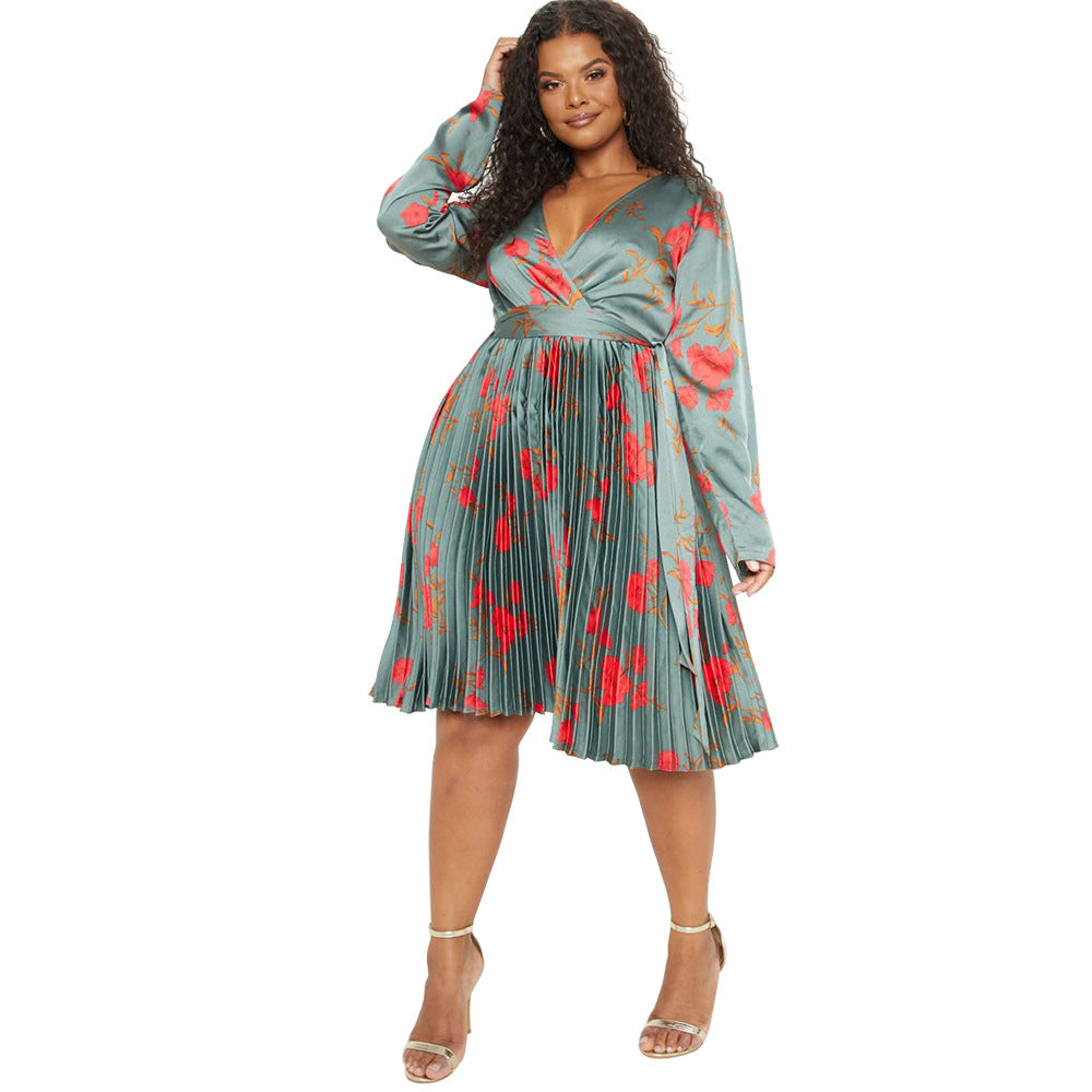 Floral Print Pleated Dress With Deep V Neck For Elegant Casual Style