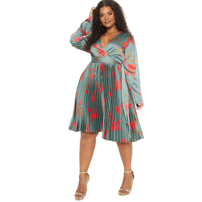Floral Print Pleated Dress With Deep V Neck For Elegant Casual Style