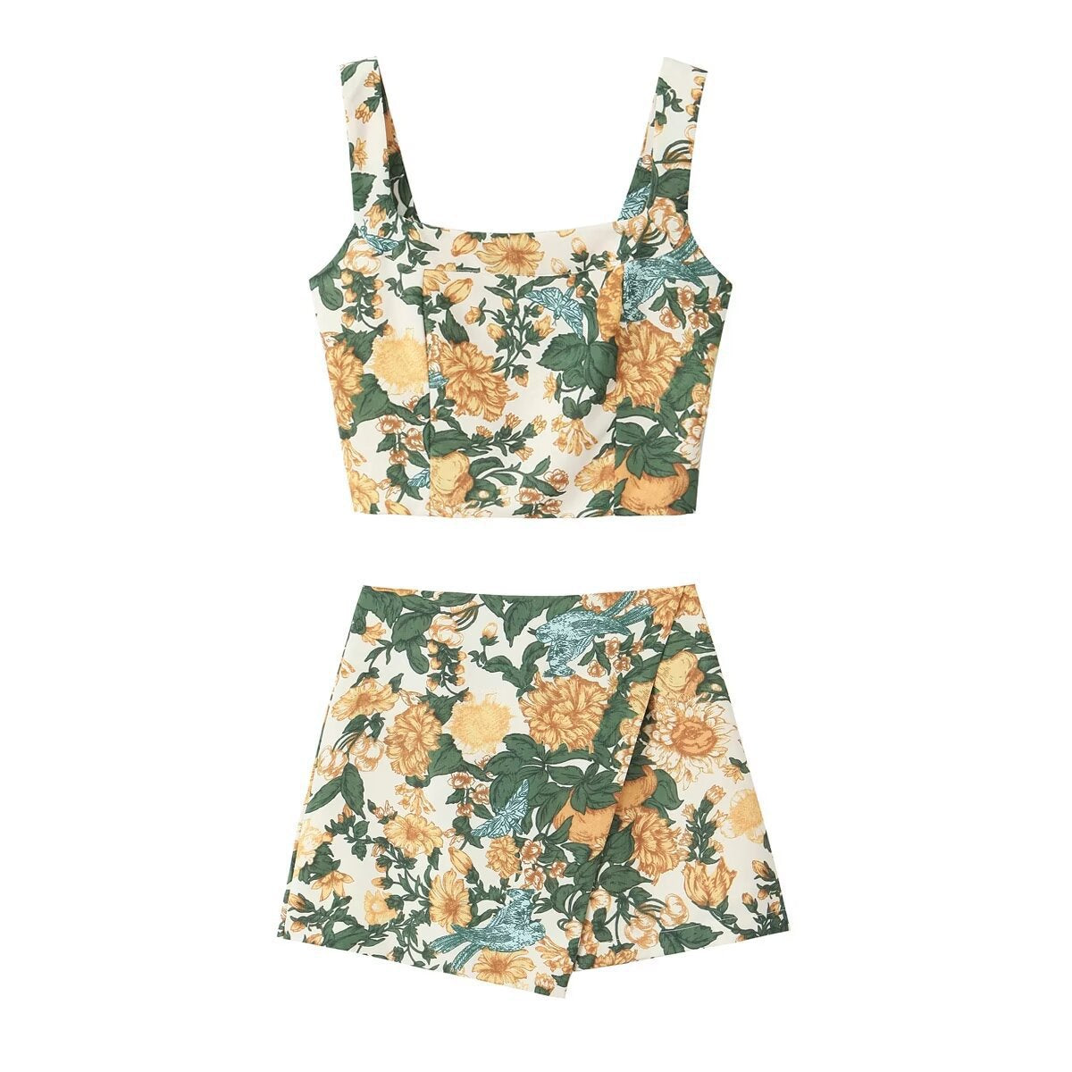 Trendy Printed Top Asymmetrical Mini Skirt Set