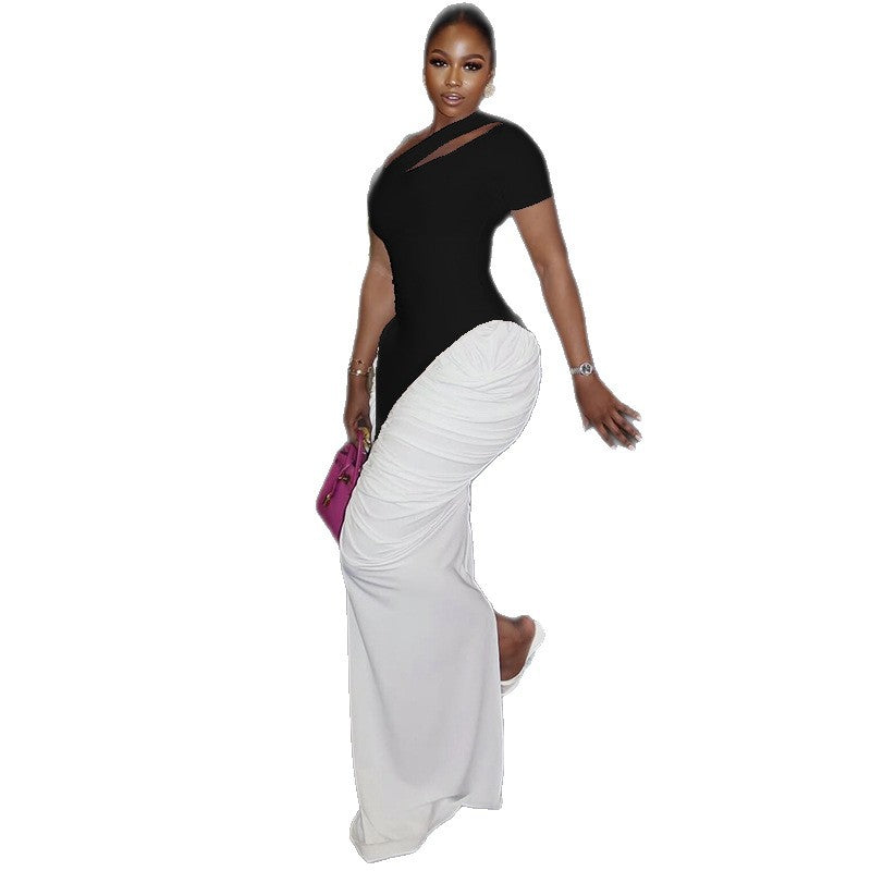 Chic Black And White Bodycon Dress With Hollow Out Short Sleeves