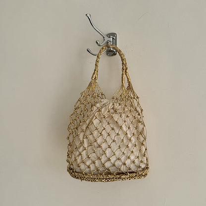 Handwoven Solid Color Tote Bag With Gold & Silver Lurex