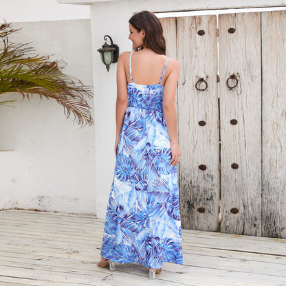Bohemian Print Maxi Dress Sexy V-Neck Slip Dress