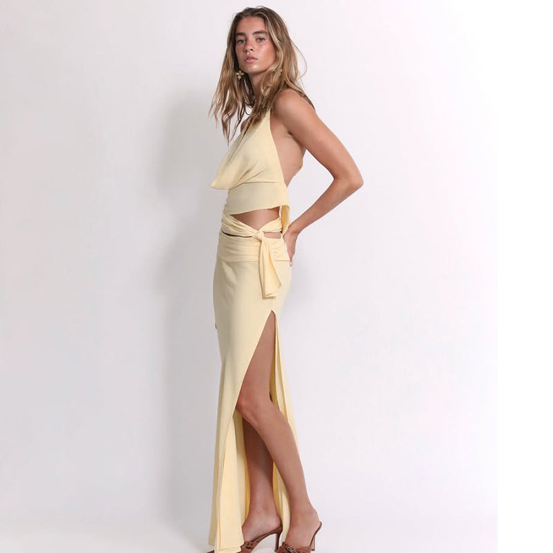 Trendy Sexy Backless Halter Top & Long Skirt Set