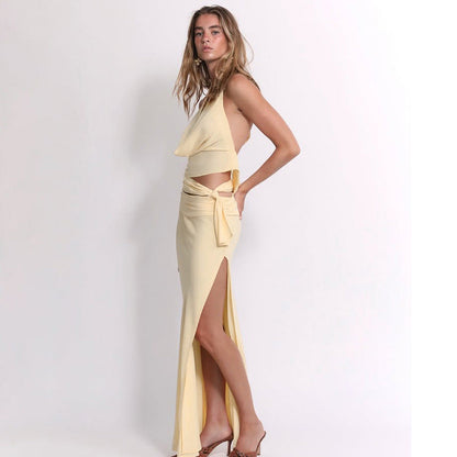 Trendy Sexy Backless Halter Top & Long Skirt Set